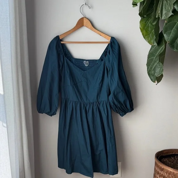 Arula Puff Sleeve Sweetheart Neckline Cotton Poplin A-Line Dark Teal Mini Dress